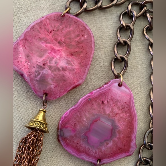 Dyed Orca Agate Slab Tassel Lariat Style Chunky Chain Vintage Necklace - Picture 2 of 7